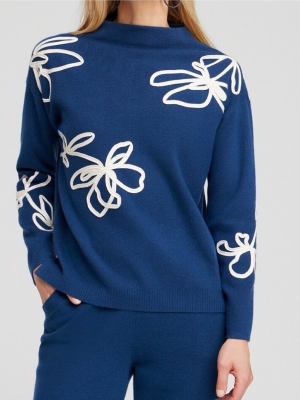 Chico's navy mock neck white floral embroidered long sleeve sweater - Picture 1 of 11
